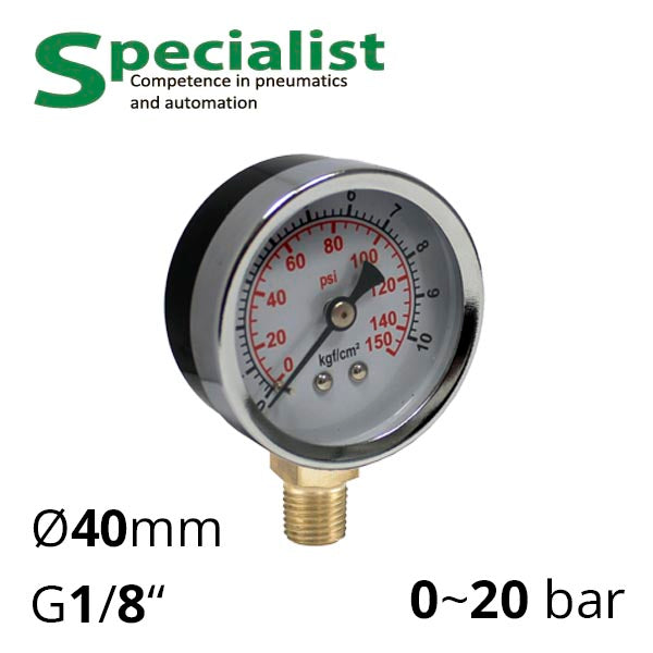 Манометр пневматичний 40 мм, 1/8”, 0-20 бар (SA-GS40-20-R)