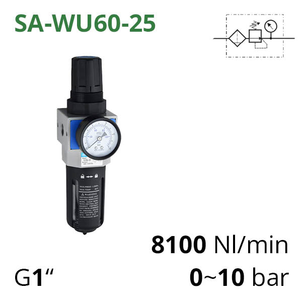 Фільтр-регулятор повітря 8100 л/хв, 1", 25 мкм (SA-WU60-25) з манометром та кронштейном