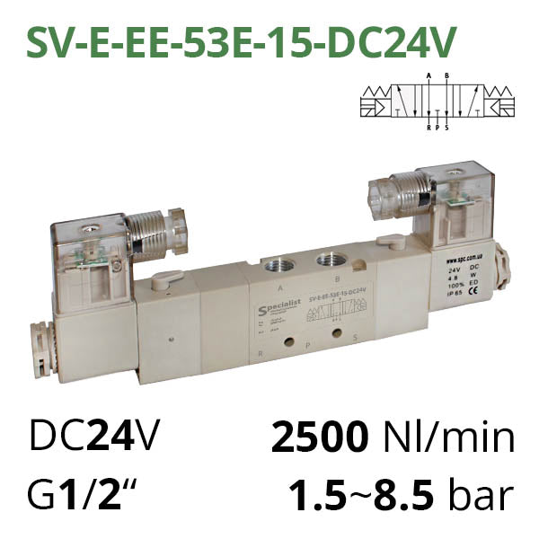 Пневматичний розподілювач 5/3 серій SV-C (D, E, EL) з електропневматичним управлінням