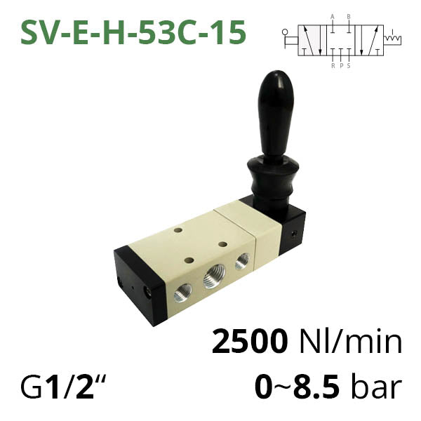 Пневматичні розподільники 5/3 серій SV-C, D, E-H(S)-53 з бічним тумблером для ручного управління