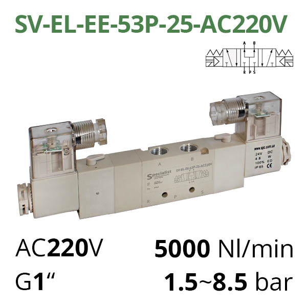 Пневматичний розподілювач 5/3 серій SV-C (D, E, EL) з електропневматичним управлінням
