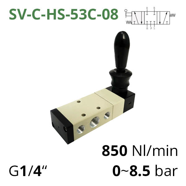 Пневматичні розподільники 5/3 серій SV-C, D, E-H(S)-53 з бічним тумблером для ручного управління