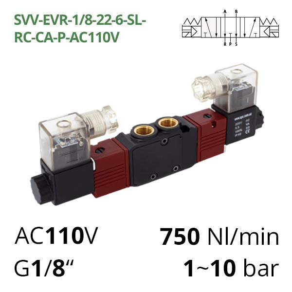 Пневматический распределитель 5/3 AIRCOMP подсоединение 1/8″ с 2 электромагнитами