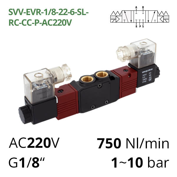 Пневматический распределитель 5/3 AIRCOMP подсоединение 1/8″ с 2 электромагнитами
